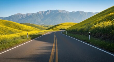 Asphalt road curves through yellow fields towards distant mountains under a blue sky
