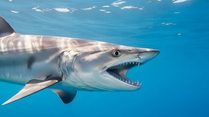 A large gray shark with sharp teeth swims underwater with mouth open