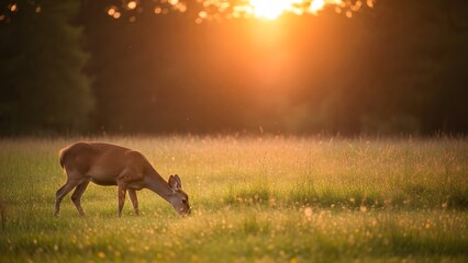 Deer grazing in a serene field at sunset with warm sunlight filtering through trees