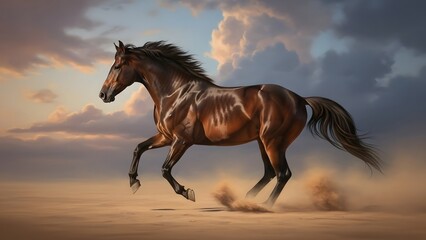 A brown horse running freely in a desert landscape with cloudy sky