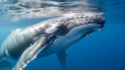 Humpback whale swimming underwater in ocean