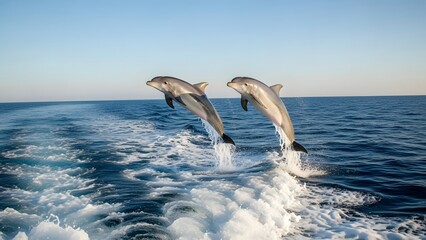 Two dolphins jumping out of the ocean