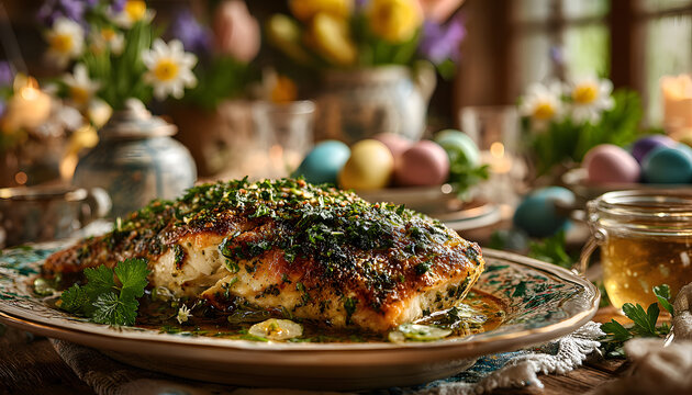 Baked red snapper with herb crust on a festive Easter dining table, decorated with flowers