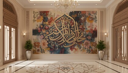 An elegant entrance hall decorated with a large abstract mural that features stylized floral and calligraphic elements typical of Islamic art.
