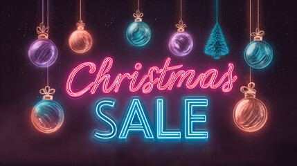 Brightly colored Christmas sale decorations with ornaments and a tree hanging against a dark background
