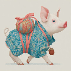 Colorful pig in a patterned coat with a bag walking on a plain background