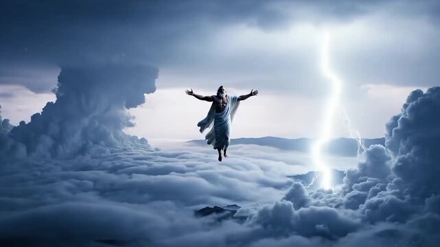 Zeus unleashes lightning above the cloudy landscape with outstretched arms in a dramatic display of power and energy