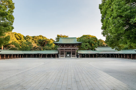 Inner courtyard and gatehouse of the Meiji Shrine in Tokyo, Japan