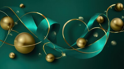 Golden spheres and teal ribbons intertwine in a design that suggests celebration. These elements create a vibrant and joyful scene suitable for events.