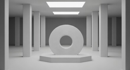 Minimalist architectural rendering featuring a sculptural donut form exhibited
