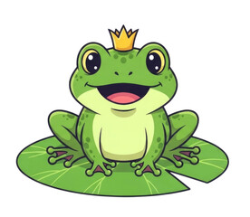 Cute cartoon frog wearing a crown on a lily pad transparent background cutout png