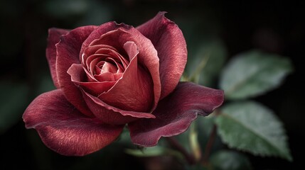   Close-up of a red rose with green leaves on the stem against a black backdrop