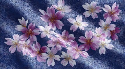   A bouquet of pink flowers resting atop a blue-cloth-covered table adorned with a single white and pink blossom