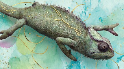   Chameleon painting over azure and green water with golden sparkles