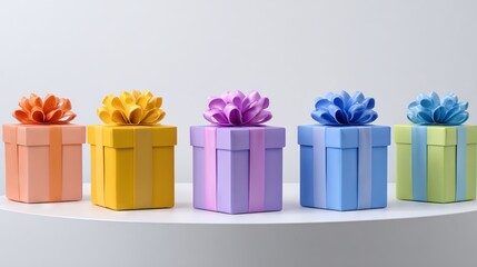   A vibrant assortment of gift containers arranged on a pristine table, atop one is a floral arrangement