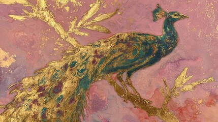   A stunning painting of a regal peacock set against a vibrant backdrop of pink, purple, yellow, and pink hues with intricate gold leafy branches