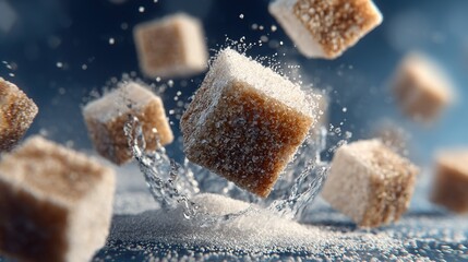  Sugar cubes cascading into the air with a splash on top