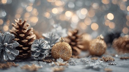   A silver and gold Christmas ornament with pine cones and snowflakes on a silver and white background