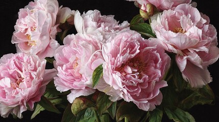   A pink peony bouquet in a black vase with leafy foreground