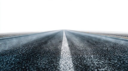   A monochrome image of a road with a white stripe down the center and a blue sky above