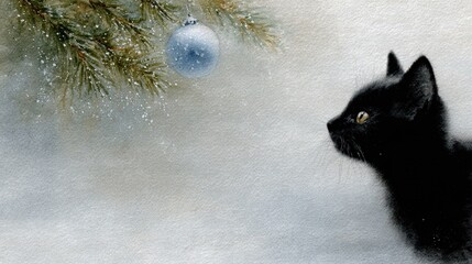  Black cat beside Christmas tree with blue bauble