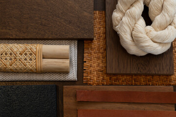 Set of materials wood leather wicker fabric