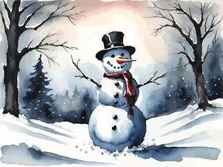 snowman in the forest.watercolor vector illustration