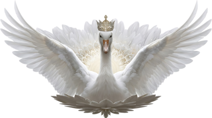 Beautiful white swan wearing royal golden crown with spread wings and ornate lotus base for saraswati puja and vasant panchami isolated on transparent background