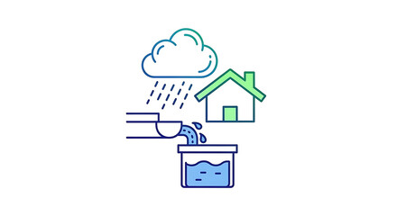 A simple illustration of a house collecting rainwater in a barrel