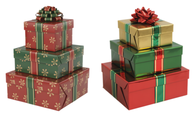 Colorful christmas gift box towers with decorative winter ribbons, transparent PNG.