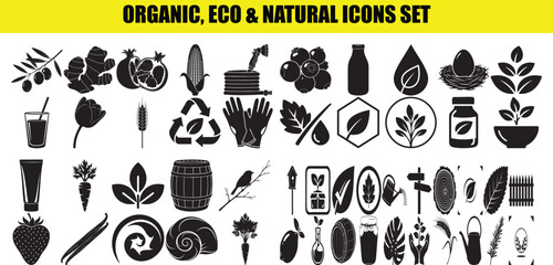 Organic eco and natural icons set showcasing diverse environmental symbols and botanical silhouettes for creative work
