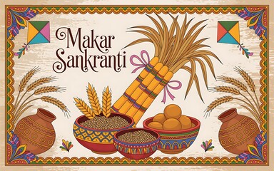 Makar sankranti celebration with traditional items and kite