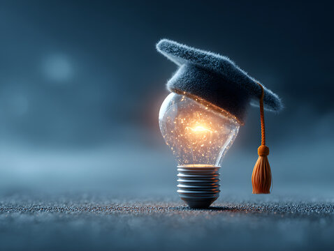 An innovative educational image showcasing a bachelor cap and a light bulb on a blue background. photo