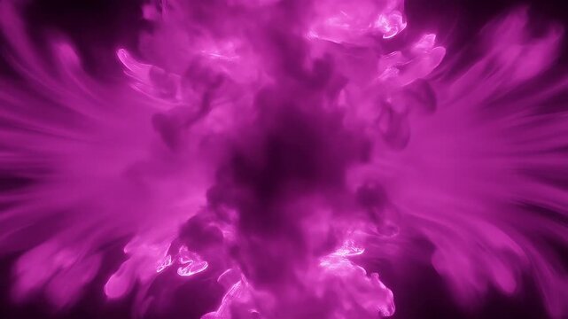 A vibrant magenta and purple smoke explosion creating an abstract, symmetrical cloud-like pattern against a dark background.