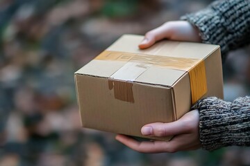 A close-up of hands holding a cardboard box represents delivery and e-commerce, symbolizing modern shopping experiences.