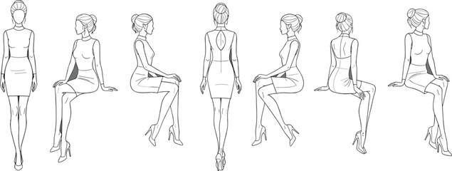 Elegant female fashion figure line art set showing woman poses from multiple views, minimalist outline style, stylish vector illustration collection