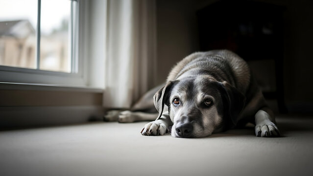 An old dog lying alone near a window inside a quiet house