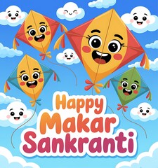 Happy makar sankranti celebration with colorful kites in the sky