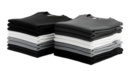 A stack of neatly folded t-shirts in various colors on a black background with transparent background
