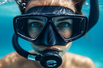 A close-up portrait of a woman in a diving mask captures the essence of adventure and the beauty of underwater photography.