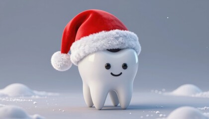 New year 2026 celebration with a medical theme featuring a cheerful tooth in santa hat snowy environment playful viewpoint for healthy smiles