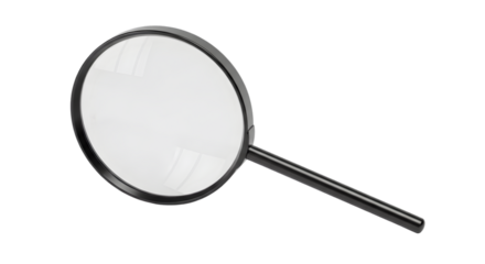 A magnifying glass with a black handle and frame on transparent background