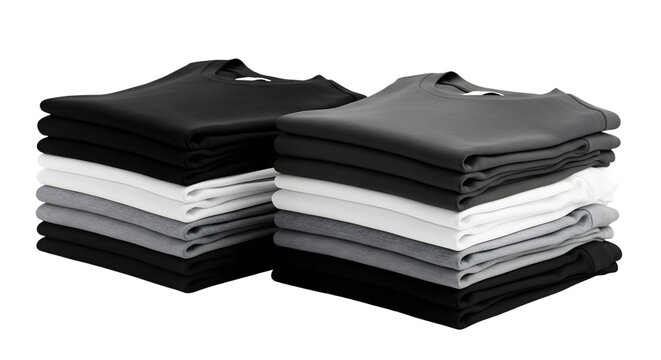A stack of neatly folded t-shirts in various colors on a black background with transparent background