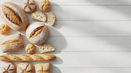 Assorted freshly baked bread, baguettes, and rolls arranged on light wooden surface.