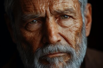 A close-up portrait of an aged man with a grey beard showcases a contemplative gaze, reflecting wisdom and experience.