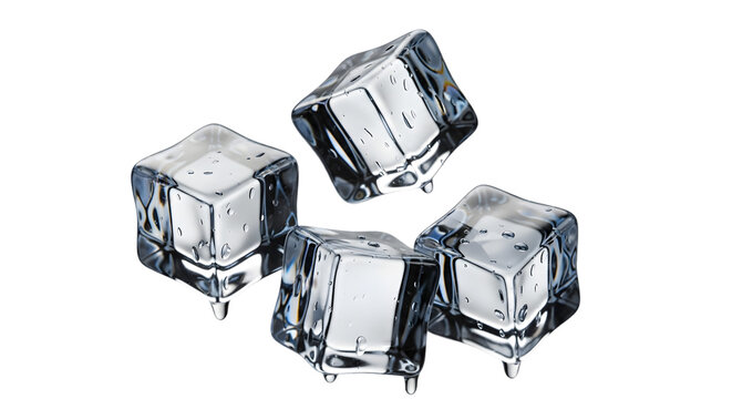 Four clear ice cubes on transparent background