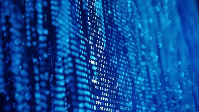 Blue binary code scrolling on screen