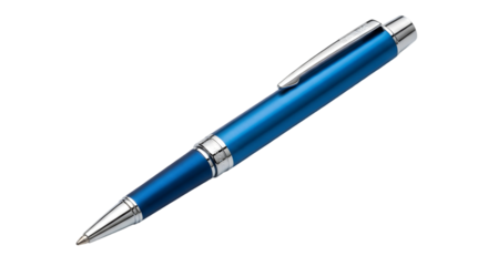 A sleek blue pen with silver accents lies on a solid black background on transparent background