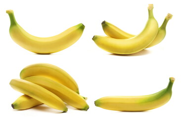 Set group yellow bananas isolated on white background, side view 