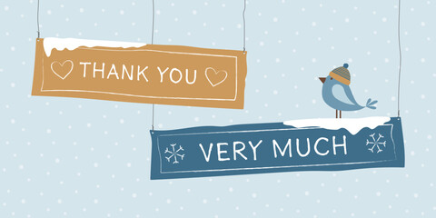 Thank you very much - Schriftzug in englischer Sprache - Vielen Dank. Winterliche Gru&szlig;karte mit beschrifteten Schildern und einem Vogel mit Pudelm&uuml;tze vor einem Schneehintergrund.